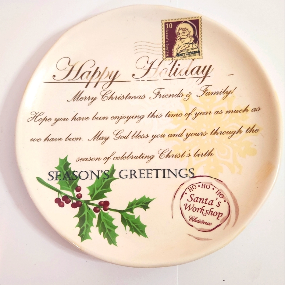 Giftcraft Happy Holiday Decorative Ceramic Plate Cream Red Green Santa 10.5 in